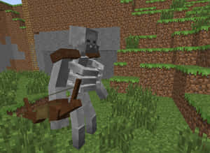 Minecraft 草地生物群落中手持十字弓的骷髏，伴有泥土懸崖。 — 骷髏迷因 壁紙