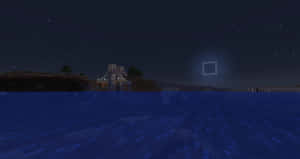 Minecraft 夜晚場景，水面上有發光的傳送門，星空下有石頭結構 — 塔橋 壁紙