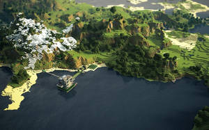 Minecraft 島嶼，有雪山、綠色山丘和沿海豪宅。 — 電玩遊戲 GIF 壁紙