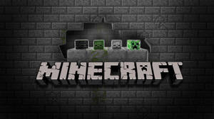 Minecraft 標誌，像素化生物站在石台上，背景是深色磚牆。 — 我的世界苦力怕 壁紙