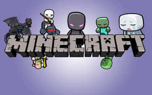 Minecraft 遊戲標誌，帶有方塊角色如終界使者和殭屍。 — 可愛 Minecraft 壁紙