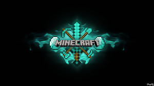 Minecraft 標誌，帶有在黑暗背景上發光的青綠色像素工具。 — 我的世界 壁紙