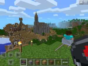 Minecraft 玩家乘坐礦車經過中世紀村莊及教堂 — 我的世界 壁紙