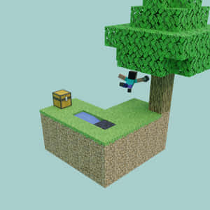 Minecraft 玩家在草地方塊上，在有箱子與水池的樹附近跳躍。 — iPad (A16) 壁紙