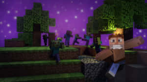 Minecraft 玩家在紫色天空下的夜晚森林中與殭屍戰鬥。 — 殭屍動圖 壁紙