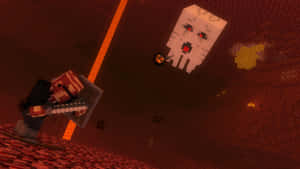 Minecraft 玩家在地獄堡壘中與 Ghast 戰鬥，有熔岩和金。 — 我的世界苦力怕 壁紙