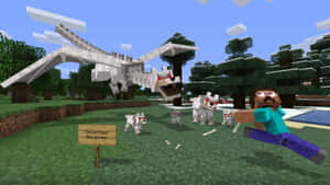 Minecraft 玩家在像素森林中帶著狼群逃離骷髏龍。 — 狼 壁紙