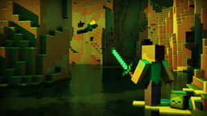Minecraft 玩家在叢林生物群系中手持發光劍，附近有苦力怕。 — 我的世界 壁紙