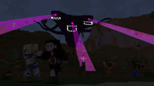 Minecraft 角色在夜晚對抗一個帶有紫色光束的巨大怪物。 — 我的世界苦力怕 壁紙
