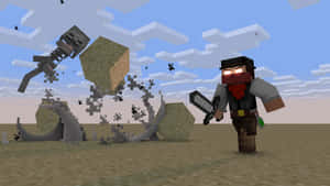 Minecraft 玩家在像素化沙漠場景中用劍與骷髏戰鬥。