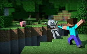 Minecraft 玩家在森林中用鑽石劍與骷髏戰鬥。 — 月落 壁紙