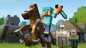 Minecraft 玩家騎馬持劍，村民和雞在像素世界中。 — 我的世界 鑽石 壁紙