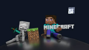 Minecraft Steve 和骷髏在黑暗表面上與泥土方塊及遊戲標誌 — 骷髏迷因 壁紙
