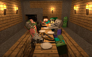 Minecraft 角色在舒適的石頭小屋中圍著木桌分享一頓飯。 — 我的世界 壁紙