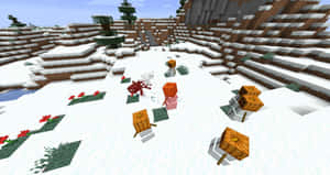 Minecraft 雪地場景，方塊地形上有雪人和紅花。 — 雪景 GIF 壁紙
