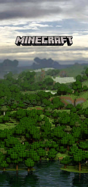Minecraft 像素化森林和水景，帶遊戲標誌 — 遊戲 壁紙