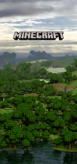 Minecraft 遊戲場景，像素化樹木和水，多雲天空下。 — 電玩遊戲 GIF 壁紙