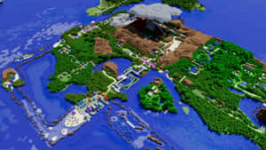 Minecraft島嶼，有火山噴發、森林、河流和村莊 — 我的世界迷因 壁紙