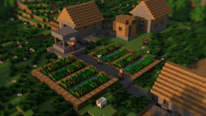 Minecraft村莊，有農場和房屋，採用方塊像素風格。 — 我的世界 壁紙