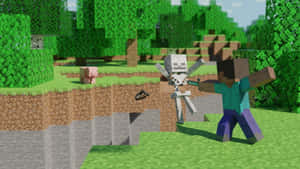 Minecraft玩家在草地森林中與骷髏戰鬥，背景有一隻豬。 — 我的世界 壁紙