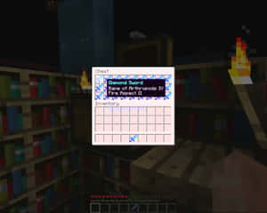 Minecraft玩家在夜晚觀看被書架包圍的儲物箱中的附魔鑽石劍。 — 我的世界 壁紙