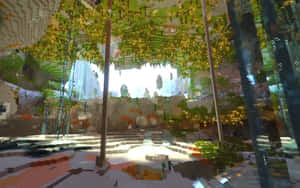 像素化Minecraft森林，有發光樹葉和玻璃柱。 — 我的世界 壁紙