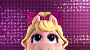 Miss Piggy 金色頭髮和粉紅色蝴蝶結，閃爍紫色背景 — 妙妙熊仔 壁紙