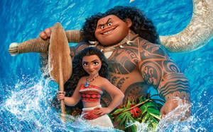 Moana 和 Maui 在海浪中划槳，身後有一條巨大的魚尾。 — 日式藝術 壁紙