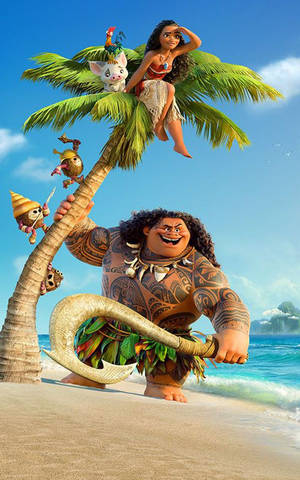 Moana 和 Maui 在一個熱帶海灘上，有棕櫚樹和海洋波浪。 — 中性風格的動畫女孩 壁紙