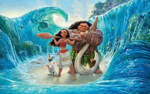 Moana 和 Maui 一起站在海灘上，被一個巨大的波浪包圍，裡面有魚和珊瑚。 — 動漫 4K 壁紙