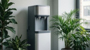 窗邊被室內植物環繞的現代飲水機。
