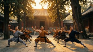 僧侶在日落時分於寺廟庭院練習武術。