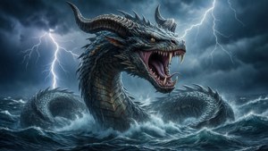 一條兇猛的龍在閃電下從暴風雨的海浪中出現。