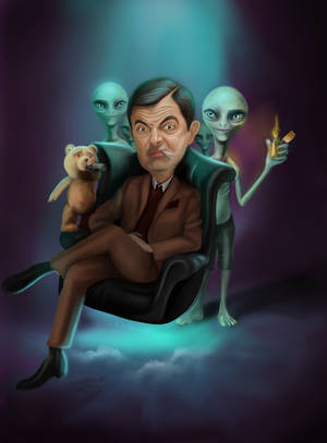 Mr. Bean 自鳴得意地坐在椅子上，被綠色外星人包圍，一個拿著打火機，另一個拿著一隻叼著煙的泰迪熊。