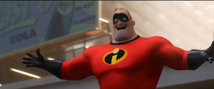 Mr. Incredible 穿著紅色超級英雄服裝在室內伸展雙臂 — 大秀之王 壁紙