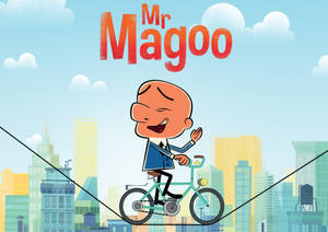 Mr Magoo 在城市上空的鋼線上騎自行車時微笑。 — 糊塗先生 壁紙