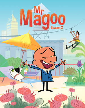 Mr Magoo 在花園中張開雙臂大笑，背景有他的狗和一名滑索者。 — 糊塗先生 壁紙