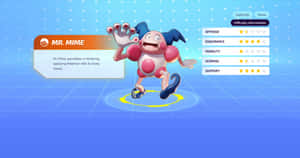 Mr. Mime 寶可夢角色跳舞，螢幕上顯示統計數據。 — 寶可夢 壁紙