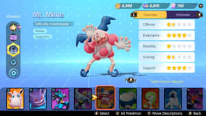 Mr. Mime 在 Pokémon 遊戲角色選擇畫面中，帶有統計數據。 — 寶可夢 壁紙