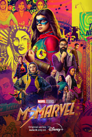 Ms Marvel 超級英雄海報，多元演員陣容和鮮豔拼貼背景。 — 2:3 壁紙