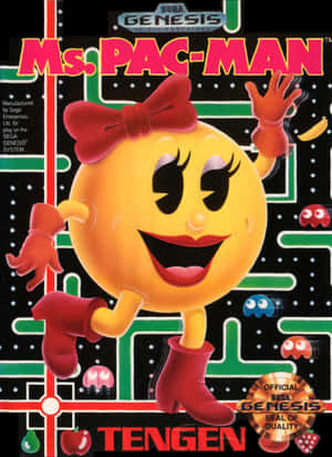 Ms Pac Man 在復古電玩封面，有鬼魂和水果。 — iPad 第9代 壁紙