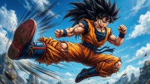 動漫角色悟空穿著橙色道服在山脈上空踢腿。
