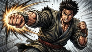 動漫武術家向前出拳，發出發光能量爆炸。
