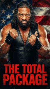 穿黑色背心的摔角手，在美國國旗下舉起拳頭，並有紅色文字 'THE TOTAL PACKAGE'