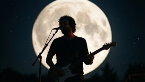 音樂家在夜晚滿月下彈吉他。