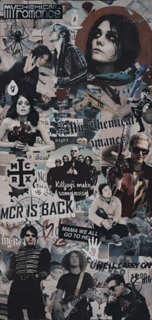 My Chemical Romance 樂團拼貼，歌詞和標誌以黑白紅呈現。 — 美學音樂 壁紙