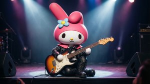 My Melody 在燈光璀璨的音樂會舞台上彈吉他。