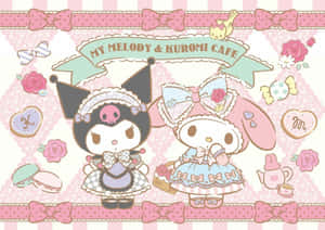 My Melody 和 Kuromi 的咖啡店服裝，搭配粉紅玫瑰和甜品 — 黑川伊佐那 壁紙