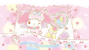 My Melody 和朋友們在一個粉紅色、充滿玫瑰的臥室裡睡覺。 — 我的旋律 壁紙