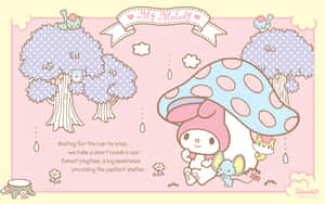 My Melody 和朋友們在奇幻森林中下雨時躲在蘑菇下。 — 粉紅色美學桌面 壁紙